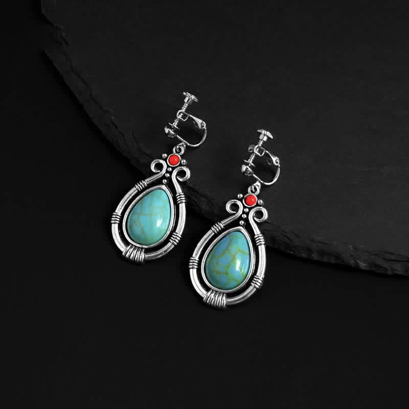 Buddha Stones Tibet Vintage Turquoise Waterdrop Strength Drop Dangle Earrings Clips Earrings BS Earring Clips
