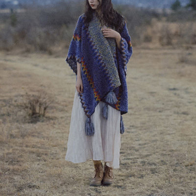 Buddha Stones Tibetan Shawl Soft Warm Knitting Cloak Winter Tibetan Tassel Scarf Tibetan Shawl BS 15