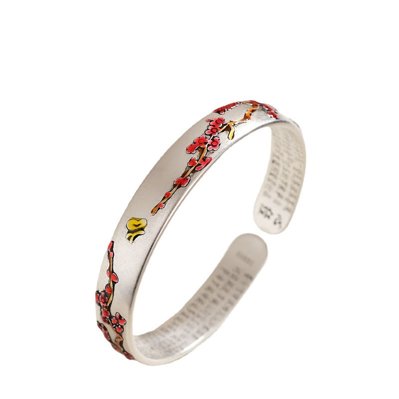 Buddha Stones Plum Blossom Chrysanthemum Flower Design Heart Sutra Healing Bracelet Cuff Bangle Bracelet Bangle BS 2