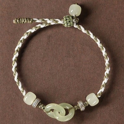 Buddha Stones Natural Hetian Jade Peace Buckle Luck Braided Bracelet Bracelet BS 3