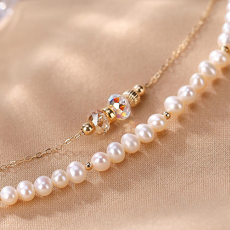 Buddha Stones 925 Sterling Silver 14K Gold Plated Natural Pearl Crystal Healing Double Layer Bracelet Bracelet BS 5