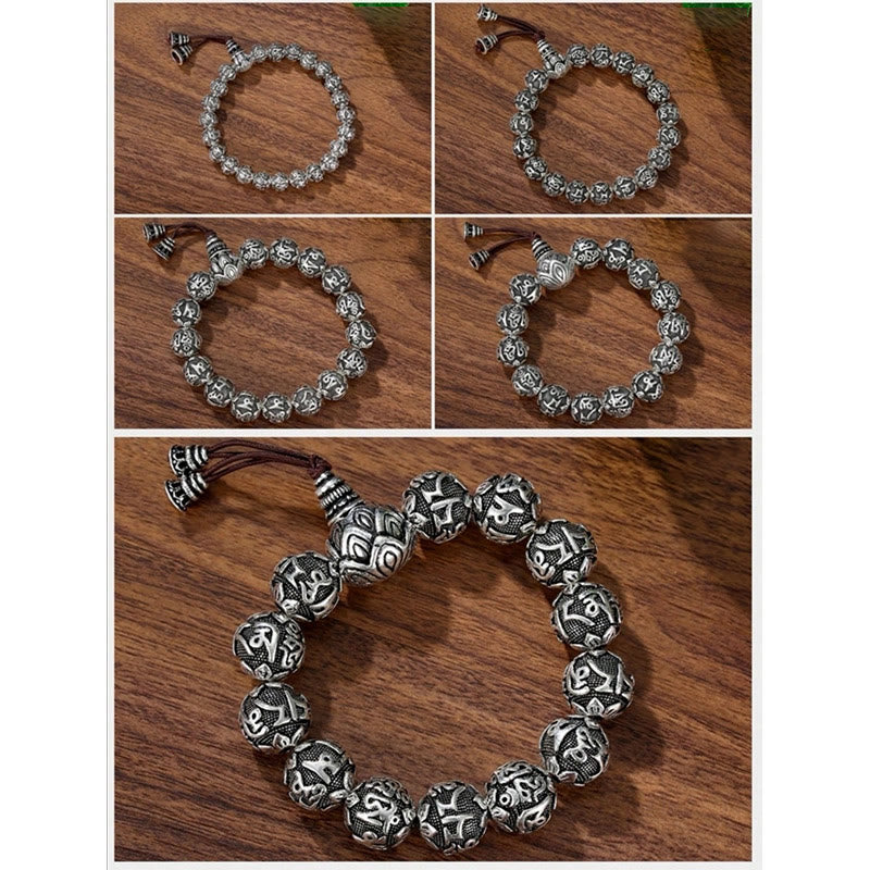 Buddha Stones Tibetan Om Mani Padme Hum Carved Alloy Beads Amulet Bracelet Bracelet BS 10