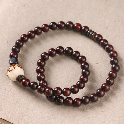 Bracelet double tour de protection Foviel en bois de santal rouge à petites feuilles et graines de Bodhi sculptées en forme de lotus