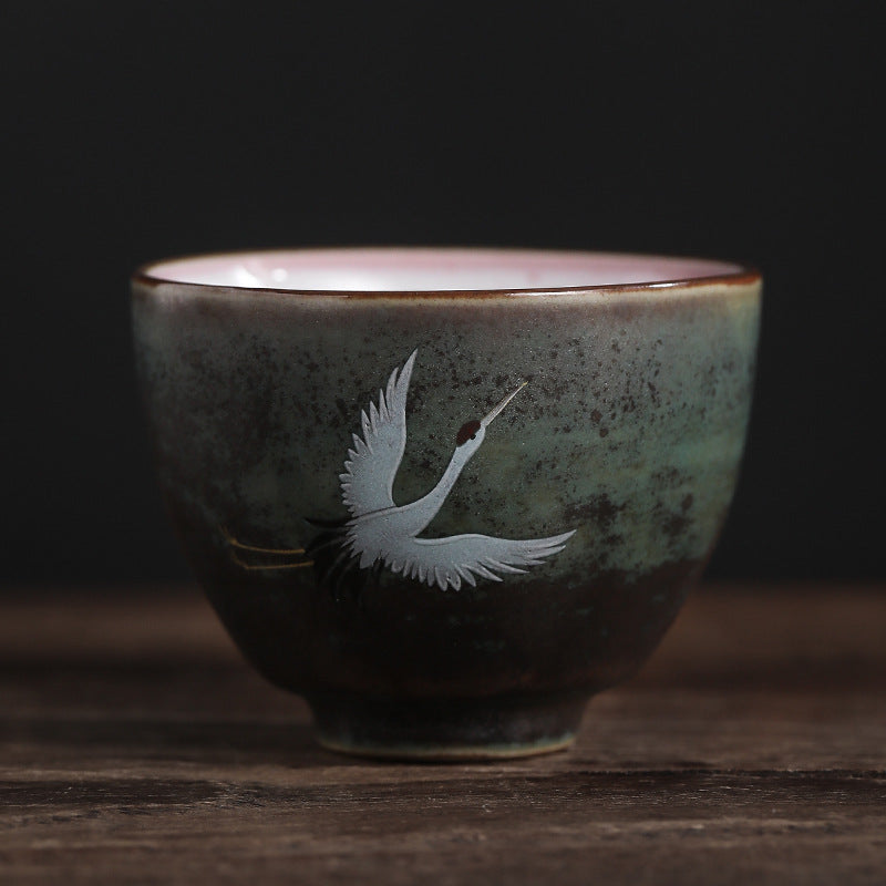 Buddha Stones Auspicious Crane Ceramic Teacup Kung Fu Tea Cup Bowl Cup BS 7cm*5.2cm*100ml