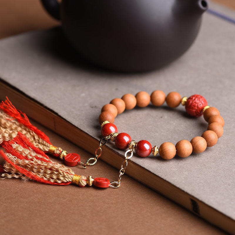 Buddha Stones Tibetan Natural Peach Wood Cinnabar PiXiu Wealth Tassels Bracelet Bracelet BS 5