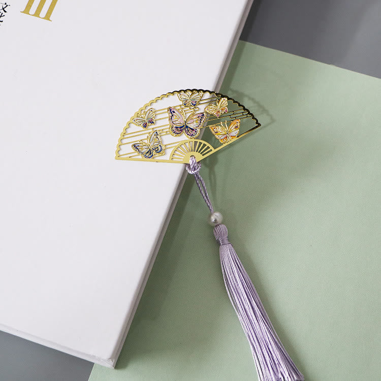 Buddha Stones Traditional Butterfly Lotus Flower Crane Dragon Phoenix Fox Koi Fish New Beginning Metal Brass Hollow Fan Bookmarks Bookmarks BS Flying Butterflies