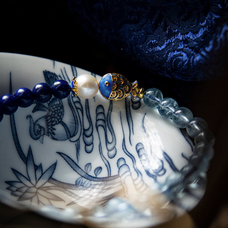 Buddha Stones Natural Aquamarine Lazurite Fish Healing Bracelet - image 4