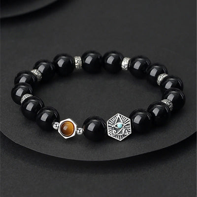 Foviel 925 Sterling Silver Black Obsidian Tiger Eye Eye of Providence Purification Bracelet