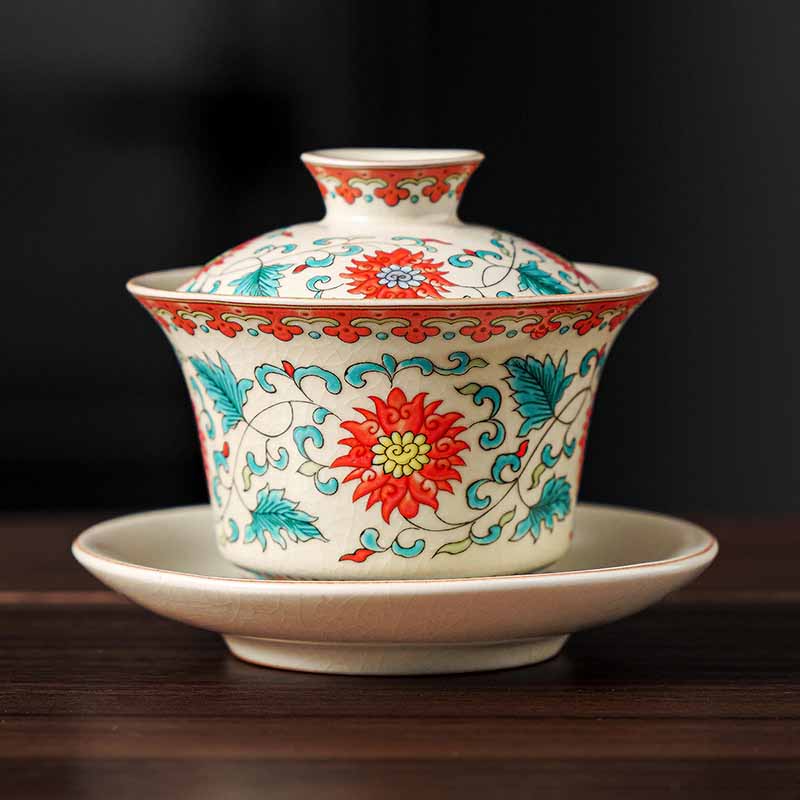 Buddha Stones A Panorama of Rivers and Mountains Flowers Ceramic Gaiwan Sancai Teacup Kung Fu Tea Cup And Saucer With Lid Cup BS Flower 12cm*9cm*100ml