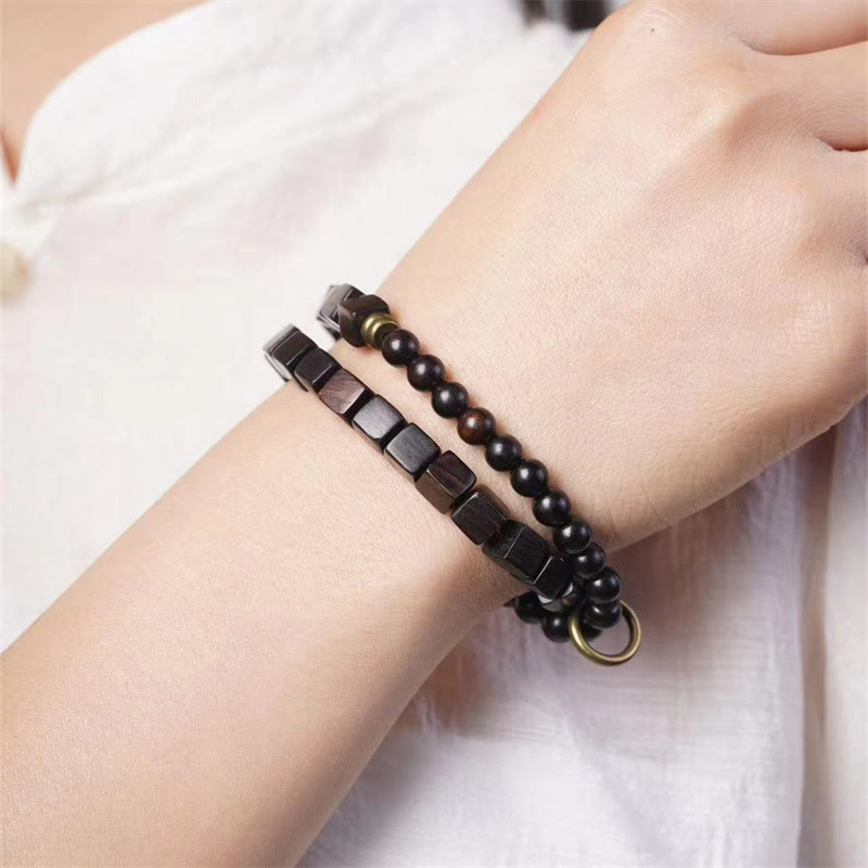 Buddha Stones Tibet Ebony Wood Square Beads Peace Double Wrap Bracelet Bracelet BS 5