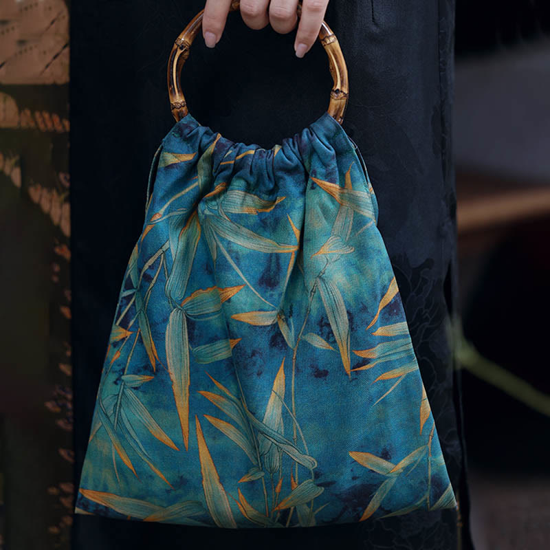 Buddha Stones Blue Green Bamboo Leaves Bamboo Handles Handbag Handbags BS 7