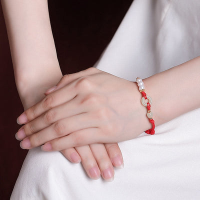Buddha Stones 925 Sterling Silver Plated Gold Hetian Jade Peace Buckle Pearl Luck Bracelet Bracelet BS 4