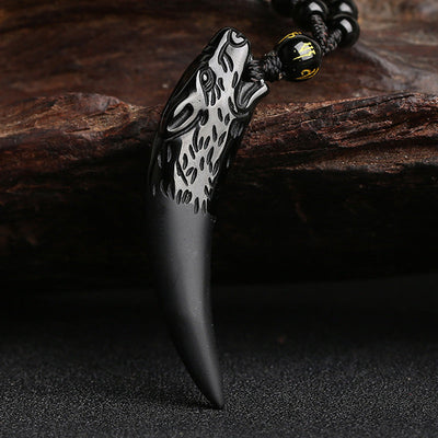 Buddha Stones Natural Ice Obsidian Wolf Tooth Pattern Courage Necklace Pendant - image 2