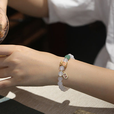 Buddha Stones Natural White Agate Red Agate Money Bag Fu Character Four Leaf Clover Protection Bracelet Bracelet BS 5