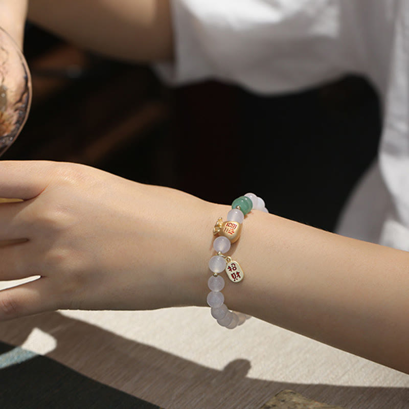 Buddha Stones Natural White Agate Red Agate Money Bag Fu Character Four Leaf Clover Protection Bracelet Bracelet BS 5