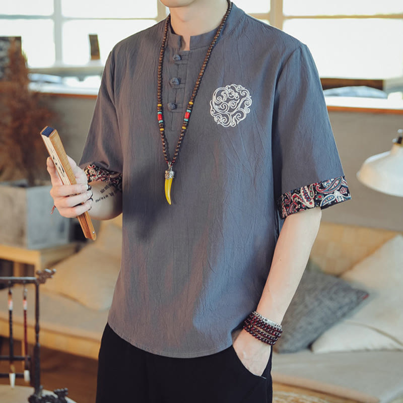 Buddha Stones Frog-Button Dragon Embroidery Chinese Tang Suit Short Sleeve Shirt Linen Men Clothing Men's Shirts BS 6