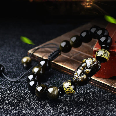 Buddha Stones Natural Gold Sheen Obsidian PiXiu Om Mani Padme Hum Wealth Braided Bracelet Bracelet BS 8