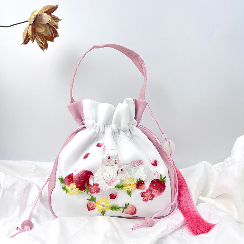 Buddha Stones Suzhou Embroidery Rabbit Lotus Epiphyllum Peony Magnolia Silk Tote Crossbody Bag Shoulder Bag Handbag Crossbody Bag BS Light Pink Strawberry Rabbit 20*20*7cm