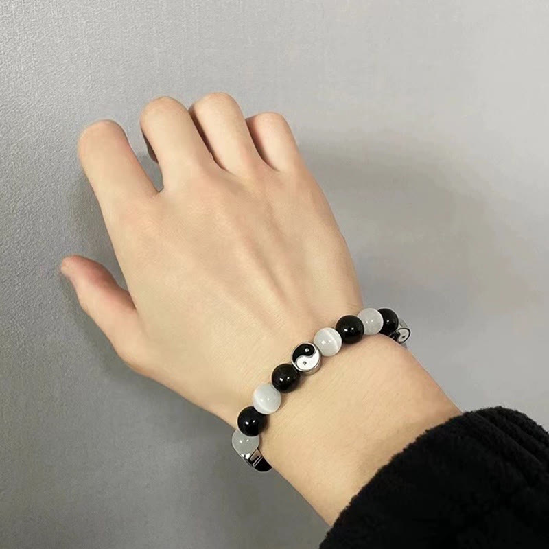 Buddha Stones Black Obsidian Cat's Eye Yin Yang Purification Strength Bracelet Bracelet BS 5