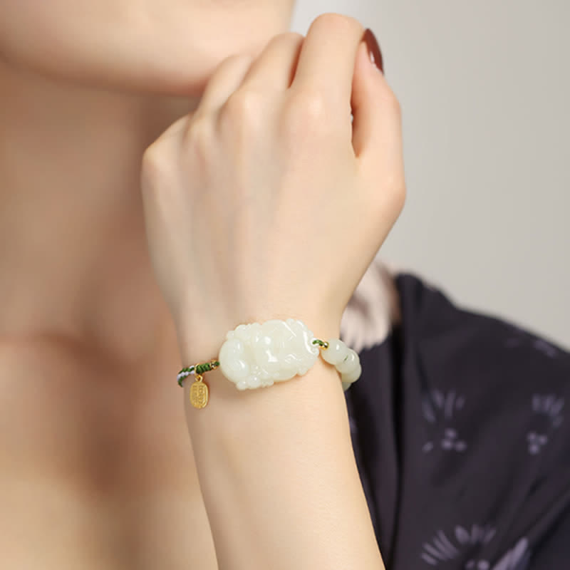 Buddha Stones 925 Sterling Silver Chinese Zodiac Hetian Jade Happiness Luck String Bracelet Bracelet BS 5