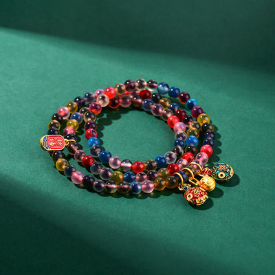 Buddha Stones Colorful Candy Agate Gold Swallowing Beast Family Strength Charm Triple Wrap Bracelet Bracelet BS 6