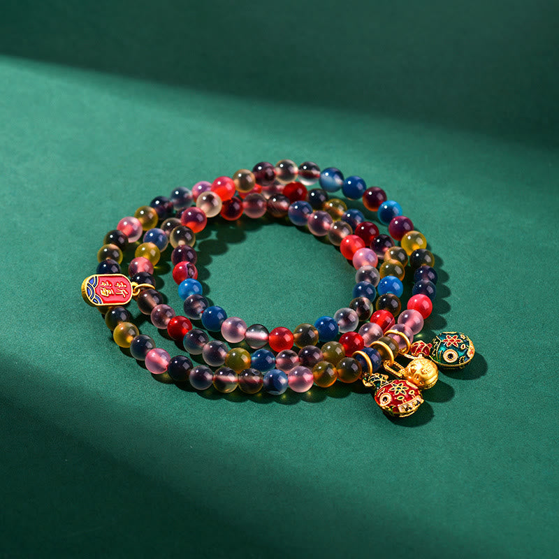 Buddha Stones Colorful Candy Agate Gold Swallowing Beast Family Strength Charm Triple Wrap Bracelet Bracelet BS 6
