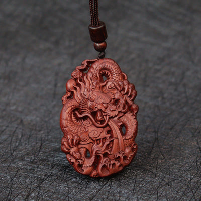 Buddha Stones Lightning Struck Jujube Wood Double Dragon Relief Ward Off Evil Spirits Necklace Pendant 7