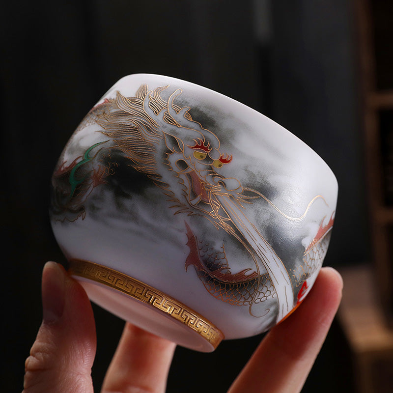 Buddha Stones Dragon Gilt Gourd Ceramic White Porcelain Teacup Kung Fu Tea Cup 160ml Cup BS 1