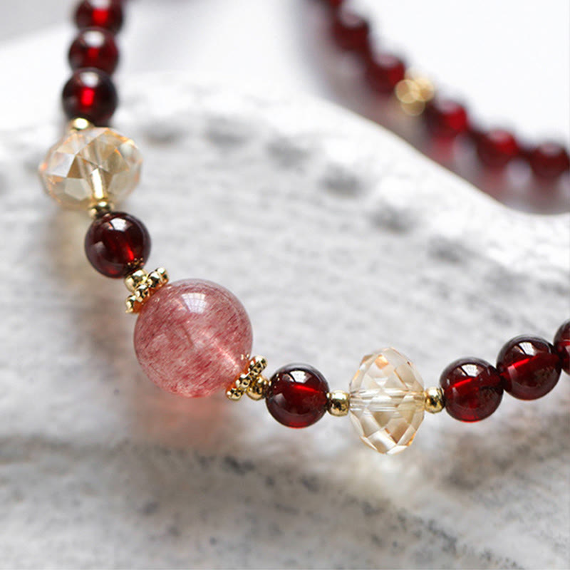 Buddha Stones 14K Gold Plated Natural Garnet Strawberry Quartz Stability Double Wrap Bracelet Bracelet BS 8