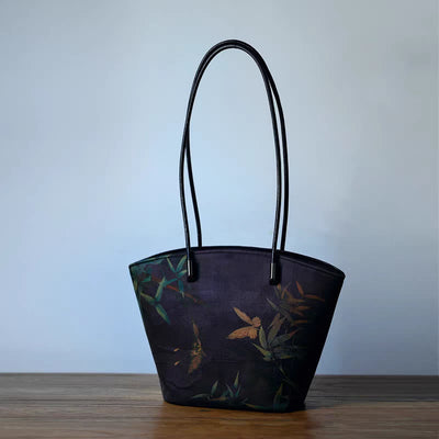 Buddha Stones Vintage Bamboo Magpie Peony Butterfly Large Capacity Shoulder Bag Handbag Shoulder Bag BS Dark Purple Butterfly 22-32*19.5*11.5cm