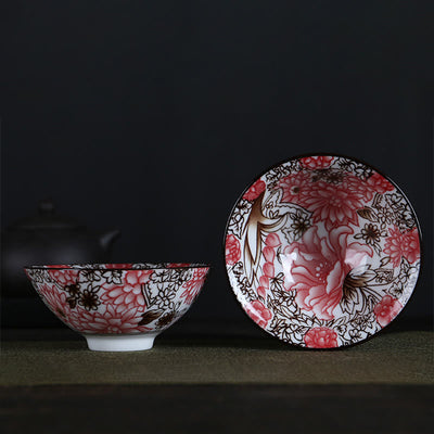 Buddha Stones Flowers Fu Character Mountains Lotus Cherry Blossoms Ceramic Teacup Kung Fu Tea Cup Cup BS Red Brown Flowers 8.5cm*4cm*90ml