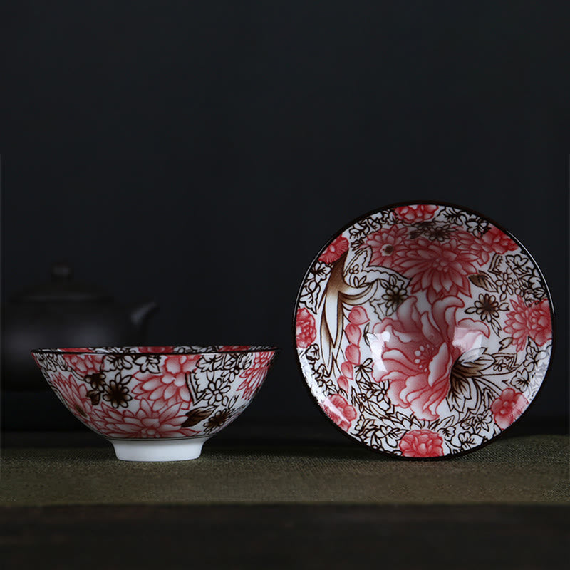Buddha Stones Flowers Fu Character Mountains Lotus Cherry Blossoms Ceramic Teacup Kung Fu Tea Cup Cup BS Red Brown Flowers 8.5cm*4cm*90ml