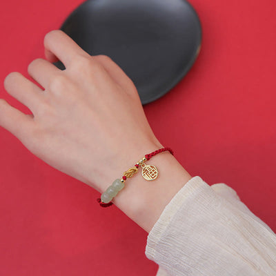 Buddha Stones Handcrafted Jade Bead Fu Character Charm Luck Red Rope Bracelet Bracelet BS 12