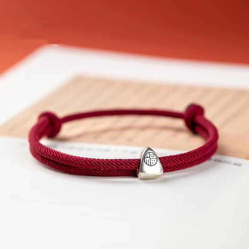 Buddha Stones 925 Sterling Silver Fu Character Blessing Handmade Braided Bracelet Bracelet BS 3