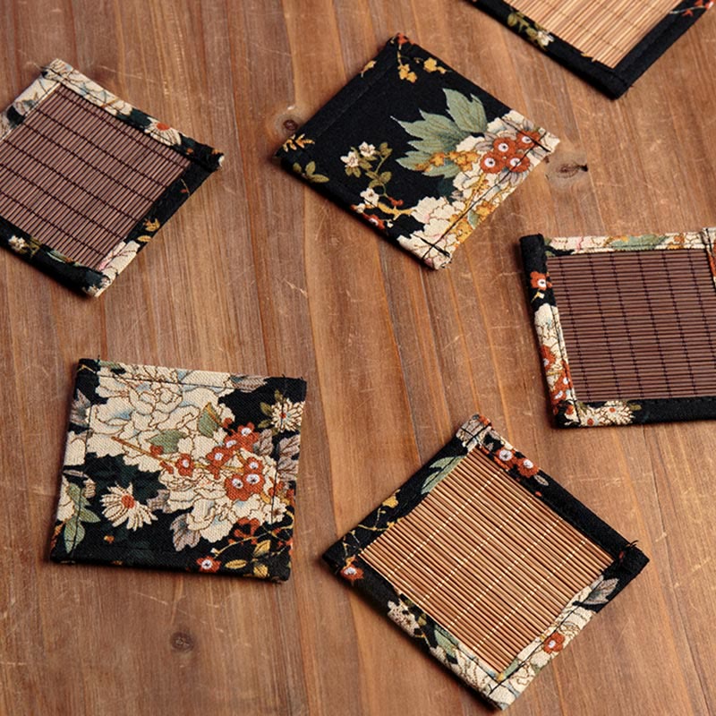 Buddha Stones Vintage Peony Flower Blossom Bamboo Cup Mat Pad Tea Cup Coaster Kung Fu Tea Mat Tea Mat BS 16