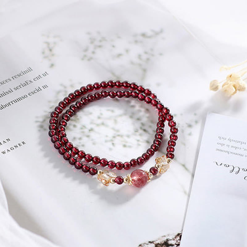 Buddha Stones 14K Gold Plated Natural Garnet Strawberry Quartz Butterfly Protection Double Wrap Bracelet Bracelet BS Garnet&Strawberry Quartz