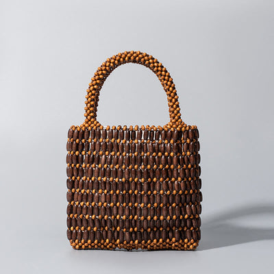 Buddha Stones Hand-woven Wooden Beads Handbag Handbags BS Brown 19.5*4.5*18.5cm