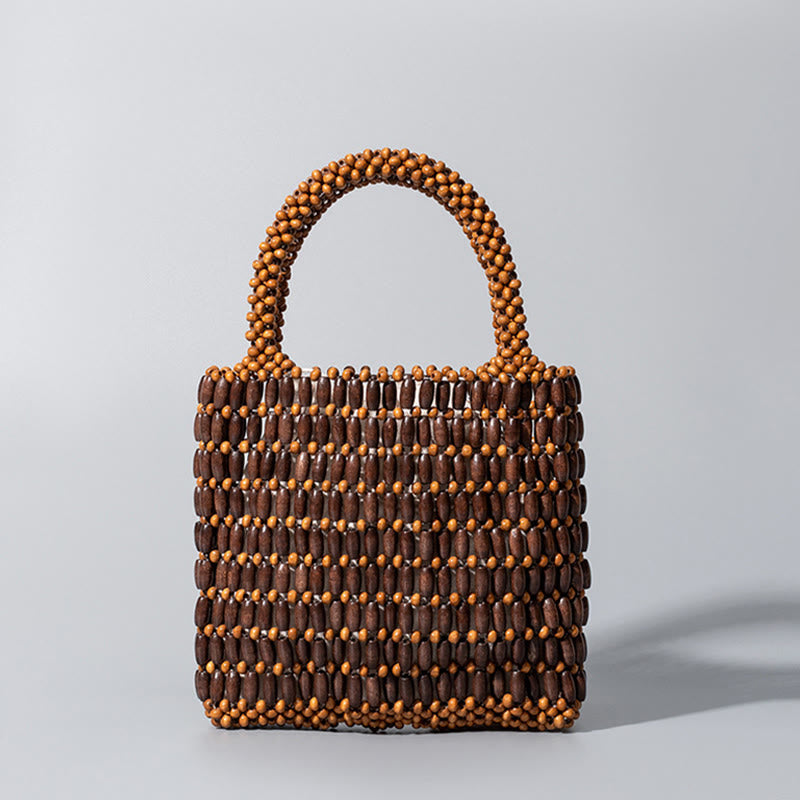 Buddha Stones Hand-woven Wooden Beads Handbag Handbags BS Brown 19.5*4.5*18.5cm