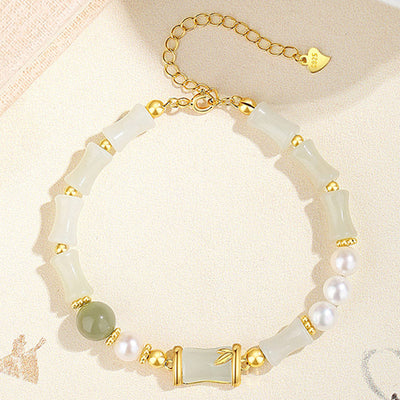 Buddha Stones 925 Sterling Silver Natural Hetian White Jade Bamboo Luck Blessing Bracelet Bracelet BS 3
