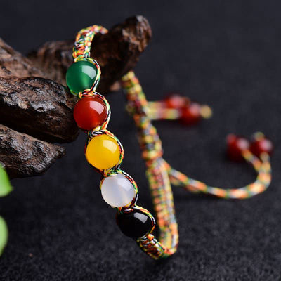 Buddha Stones Colorful Agate Metal Wood Water Fire Earth Five Elements String Bracelet Bracelet BS 6