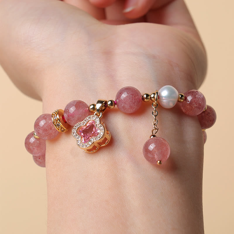 Foviel Strawberry Quartz Pearl Four Leaf Clover Charm Healing Bracelet