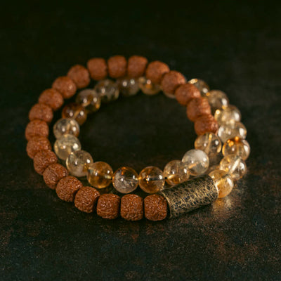 Buddha Stones Natural Citrine Crystal Rudraksha Bodhi Seed Brass Bead Prosperity Double Wrap Bracelet Bracelet BS 1