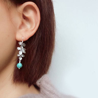 Buddha Stones 925 Sterling Silver Turquoise Lazurite Flower Leaf Serenity Protection Hook Drop Dangle Earrings - image 1