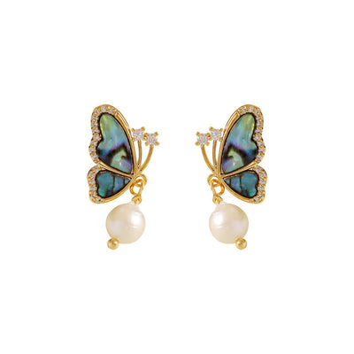 Buddha Stones 18K Gold Plated Copper Pearl Butterfly Love Stud Earrings 6