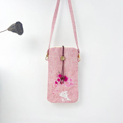 Buddha Stones Small Embroidered Flowers Crossbody Bag Shoulder Bag Cellphone Bag 11*20cm Crossbody Bag BS Light Pink Cherry Blossom Rabbit 11*20cm