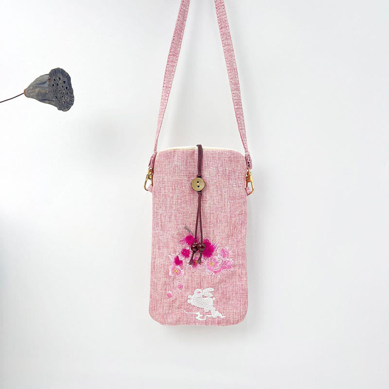 Buddha Stones Small Embroidered Flowers Crossbody Bag Shoulder Bag Cellphone Bag 11*20cm Crossbody Bag BS Light Pink Cherry Blossom Rabbit 11*20cm