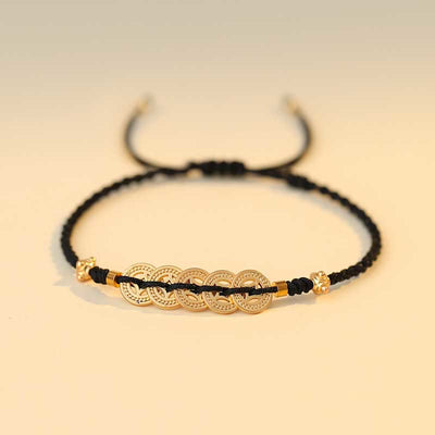 Buddha Stones Copper Coin Fortune Tree Luck Strength Braided Bracelet Bracelet BS Copper Coin Black(Wrist Circumference 14-18cm)
