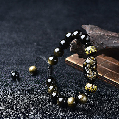 Buddha Stones Natural Gold Sheen Obsidian PiXiu Om Mani Padme Hum Wealth Braided Bracelet Bracelet BS 5