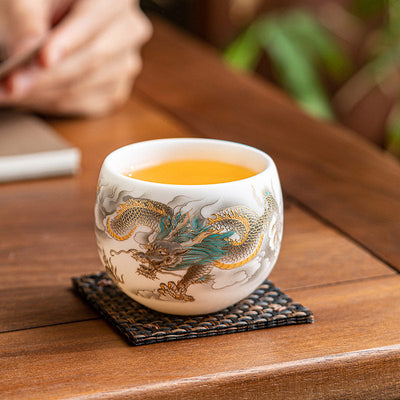Buddha Stones Dragon Phoenix Auspicious Clouds Ceramic Teacup Kung Fu Tea Cup With Gift Box Cup BS 2