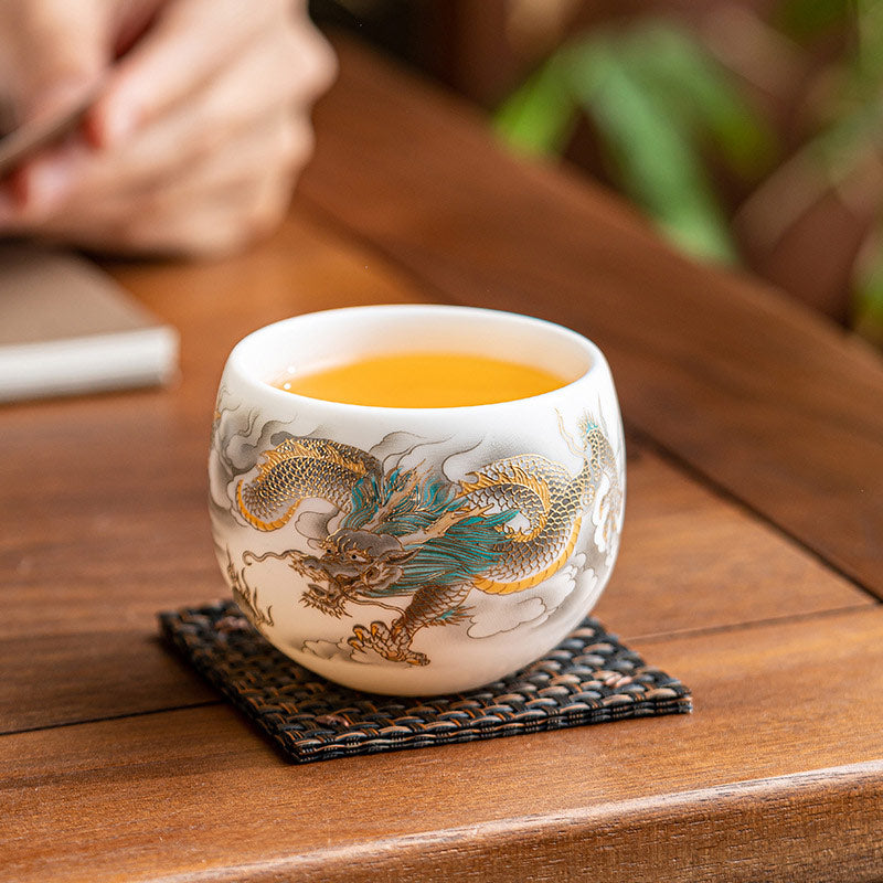 Buddha Stones Dragon Phoenix Auspicious Clouds Ceramic Teacup Kung Fu Tea Cup With Gift Box Cup BS 2